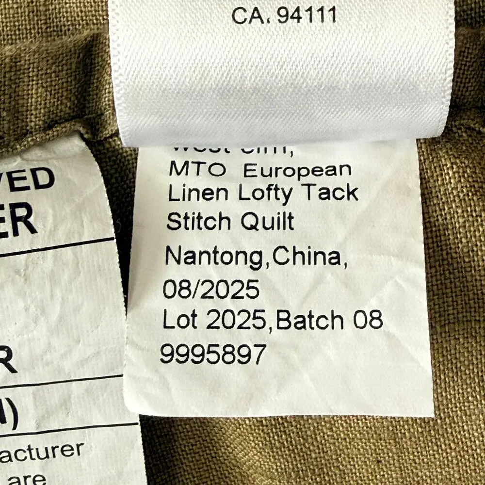West Elm European Linen Lofty Tack Stitch Quilt King Size 92x108 Olive Green